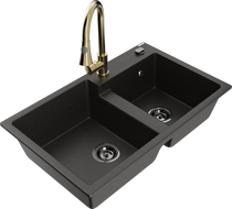 Mexen Tomas évier de cuisine en granit à 2 bassins avec robinet de cuisine Elia, noir/doré métallisé - 6516-75-670101-50-B