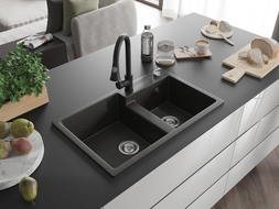 Mexen Tomas évier de cuisine en granit à 2 bacs avec batterie de cuisine Elia, noir/doré métallique - 6516-75-670101-70