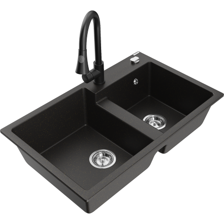 Mexen Tomas Évier en granit à 2 bacs avec robinet de cuisine Elia, noir/métallique doré - 6516-75-670101-70
