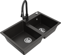 Mexen Tomas évier de cuisine en granit à 2 bacs avec batterie de cuisine Elia, noir/doré métallique - 6516-75-670101-70