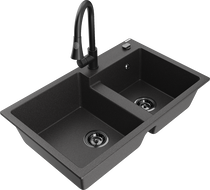 Mexen Tomas évier en granit à 2 bacs avec robinet de cuisine Elia, noir moucheté - 6516-76-670101-70-B