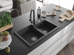 Mexen Tomas évier granitique 2 cuves avec robinet de cuisine Elia, noir moucheté - 6516-76-670101-76