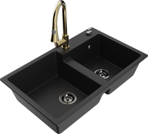 Mexen Tomas évier en granit à 2 bacs avec robinet de cuisine Elia, noir - 6516-77-670101-50-B
