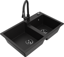 Mexen Tomas évier en granit à 2 bacs avec robinet de cuisine Elia, noir - 6516-77-670101-70-B