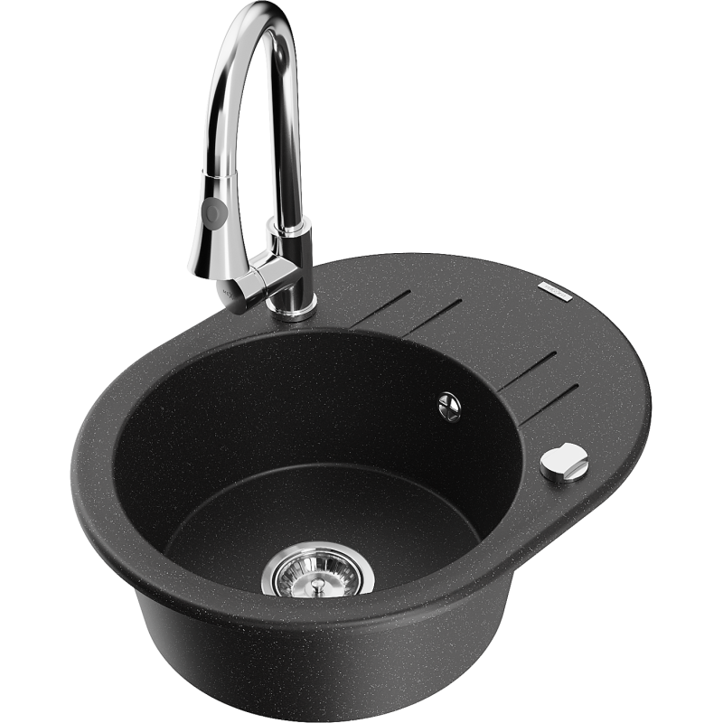 Mexen Kevin évier en granit à 1 bac avec égouttoir et robinet de cuisine Elia, noir/métallisé argent - 6517-73-670101-00