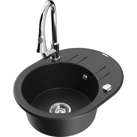 Mexen Kevin évier en granit à 1 bac avec égouttoir et robinet de cuisine Elia, noir/métallisé argent - 6517-73-670101-00