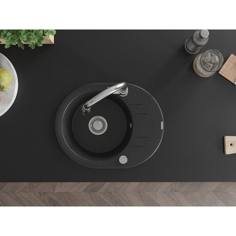 Mexen Kevin évier en granit à 1 bac avec égouttoir et robinet de cuisine Elia, noir/métallisé argent - 6517-73-670101-00