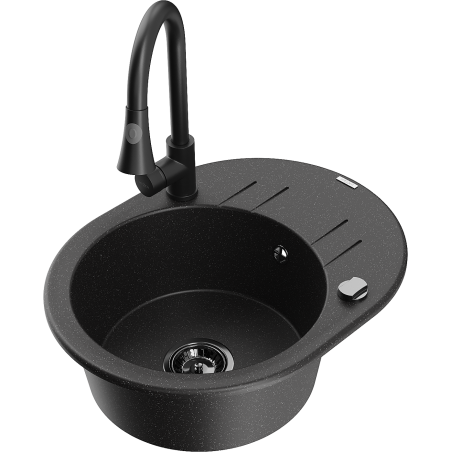 Mexen Kevin évier en granit à 1 bac avec égouttoir et robinet de cuisine Elia, noir/métallisé argenté