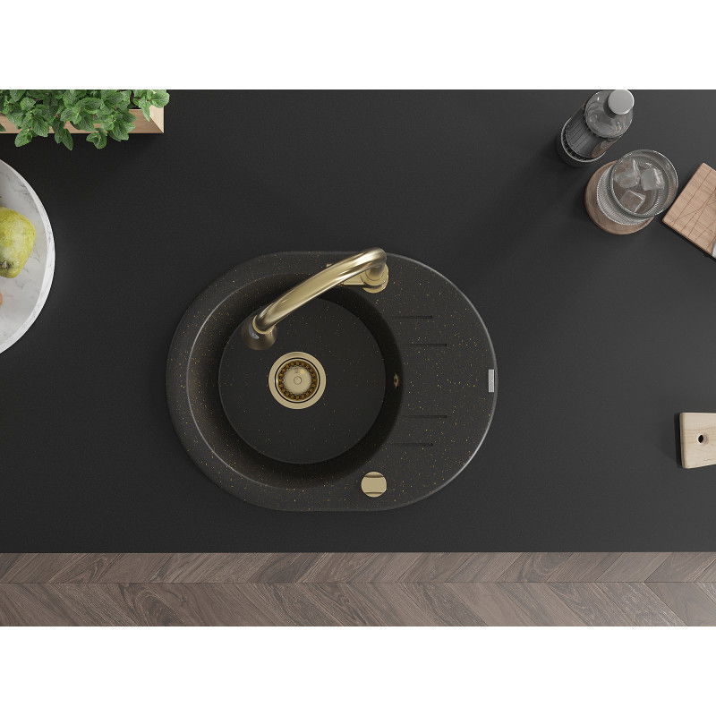 Mexen Kevin évier en granit 1 bac avec égouttoir et robinet de cuisine Elia, noir/doré métallisé - 6517-75-670101-50