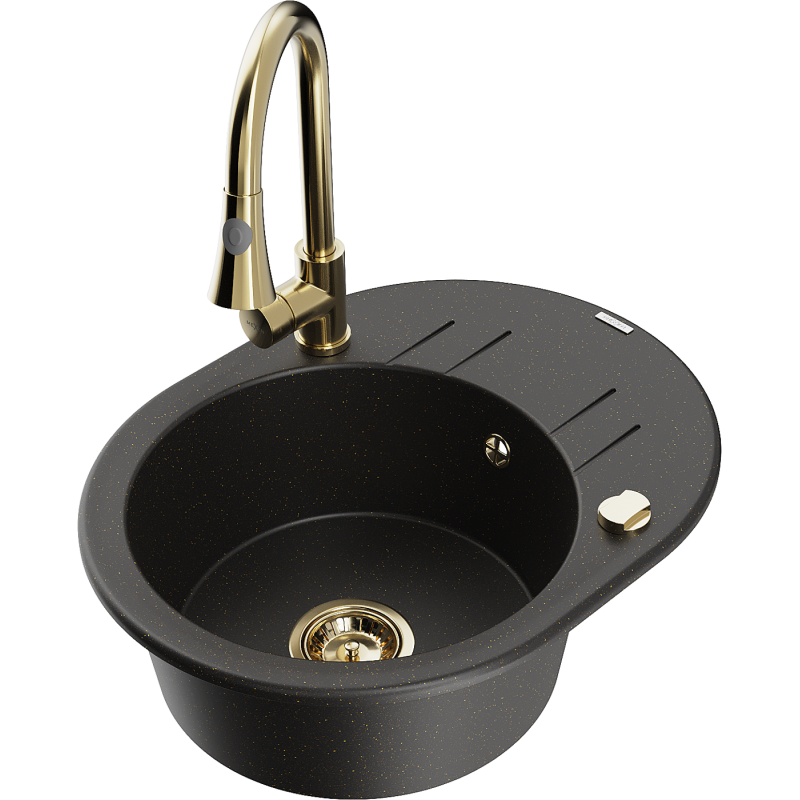 Mexen Kevin évier en granit 1 bac avec égouttoir et robinet de cuisine Elia, noir/doré métallisé - 6517-75-670101-50