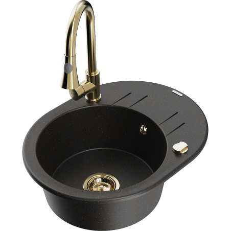 Mexen Kevin évier en granit 1 bac avec égouttoir et robinet de cuisine Elia, noir/doré métallisé - 6517-75-670101-50