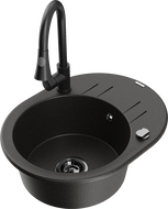 Mexen Kevin évier en granit à 1 bac avec égouttoir et robinet de cuisine Elia, noir/doré métallisé - 6517-75-670101-70-B