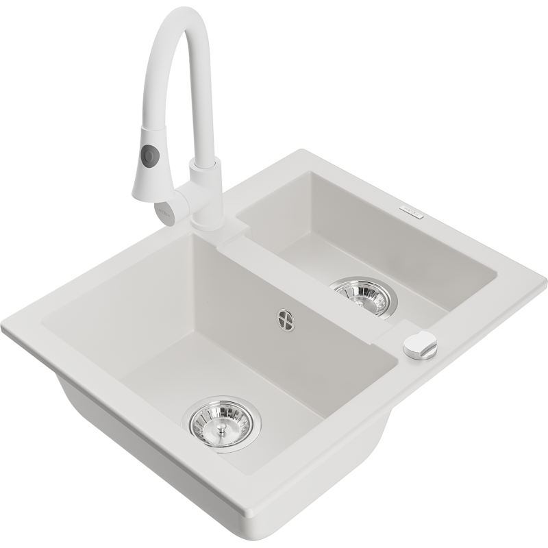 Mexen Carlos évier en granit 1,5 cuves avec robinet de cuisine Elia, blanc - 6518-20-670101-20
