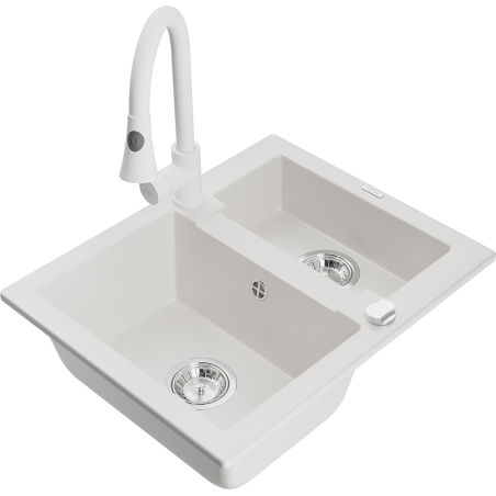 Mexen Carlos évier en granit 1,5 cuves avec robinet de cuisine Elia, blanc - 6518-20-670101-20
