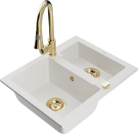 Mexen Carlos évier en granit 1,5 bac avec robinet de cuisine Elia, blanc - 6518-20-670101-50