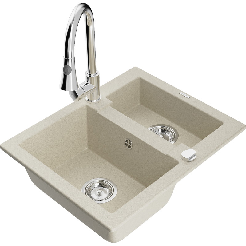 Mexen Carlos évier en granit 1,5 bac avec robinet de cuisine Elia, beige - 6518-69-670101-00