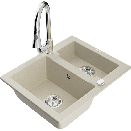 Mexen Carlos évier en granit 1,5 bac avec robinet de cuisine Elia, beige - 6518-69-670101-00