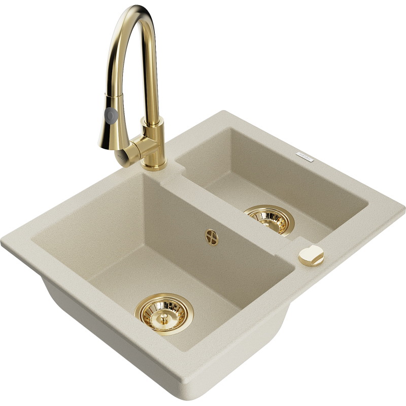 Mexen Carlos Évier en granit 1,5 bacs avec robinet de cuisine Elia, beige - 6518-69-670101-50