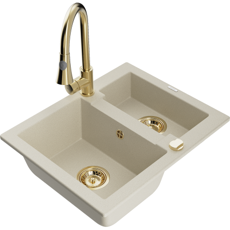 Mexen Carlos Évier en granit 1,5 bacs avec robinet de cuisine Elia, beige - 6518-69-670101-50