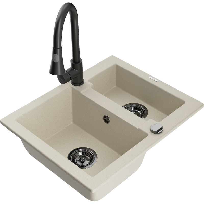 Mexen Carlos évier en granit 1,5 bac avec robinet de cuisine Elia, beige - 6518-69-670101-70