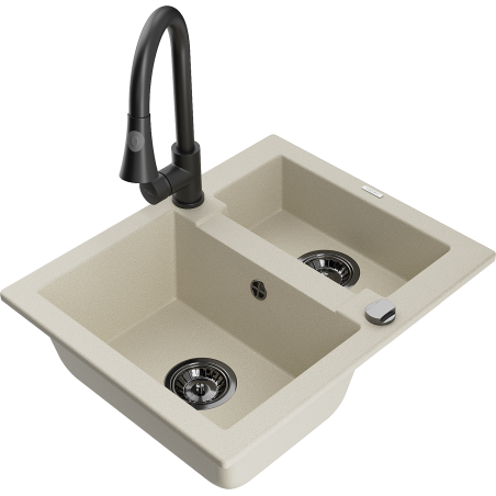 Mexen Carlos évier en granit 1,5 bac avec robinet de cuisine Elia, beige - 6518-69-670101-70