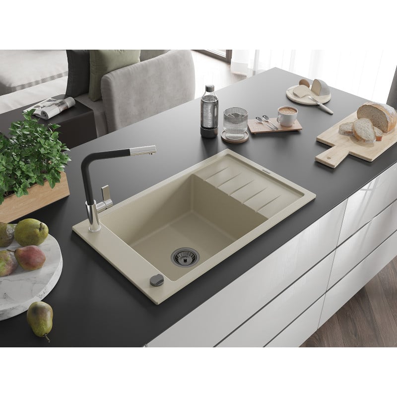 Mexen Elias évier en granit 1 bac avec égouttoir et robinet de cuisine Flora, beige - 6511-69-670401-07-B