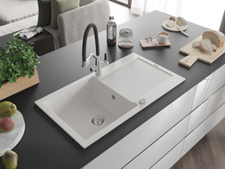 Mexen Leo évier granit 1 bac avec égouttoir et robinet de cuisine Duo, blanc - 6501-20-671701-07