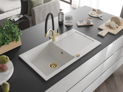 Mexen Leo évier de cuisine en granit 1 bac avec égouttoir et robinet de cuisine Duo, blanc - 6501-20-671701-57-G