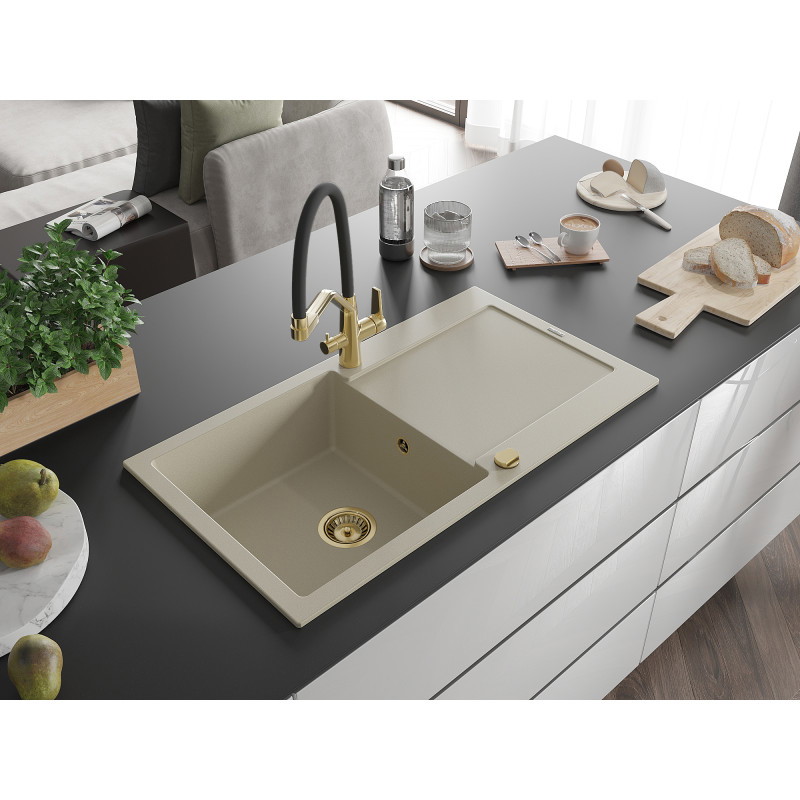 Mexen Leo évier en granit 1 bac avec égouttoir et mitigeur de cuisine Duo, beige - 6501-69-671701-57-G