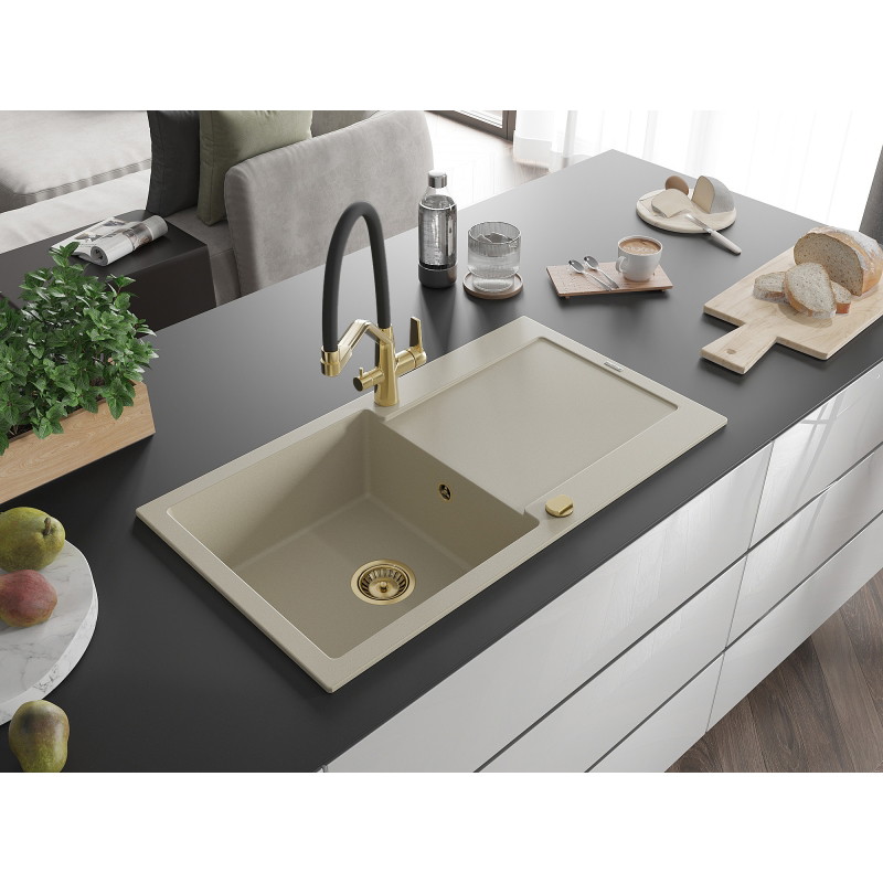 Mexen Leo évier en granit 1 bac avec égouttoir et robinet de cuisine Duo, beige - 6501-69-671701-57-G