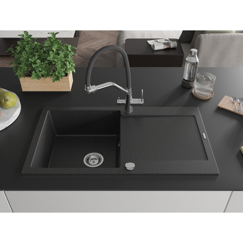 Mexen Leo évier en granit 1 bac avec égouttoir et mitigeur de cuisine Duo, noir/argent métallique - 6501-73-671701-07