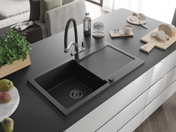 Mexen Leo évier en granit 1 bac avec égouttoir et mitigeur de cuisine Duo, noir/métallique argenté - 6501-73-671701-07-B