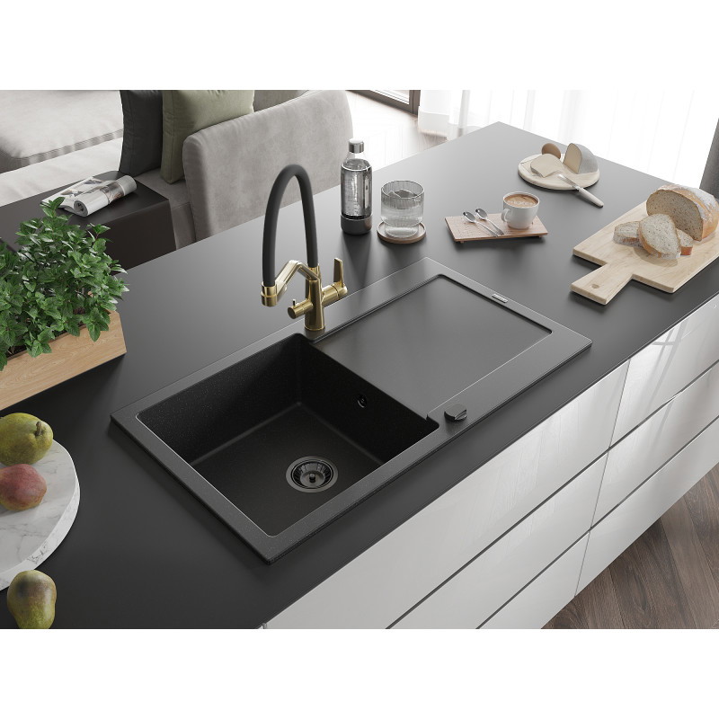 Mexen Leo évier en granit 1 bac avec égouttoir et mitigeur cuisine Duo, noir/argent métallisé - 6501-73-671701-57-B