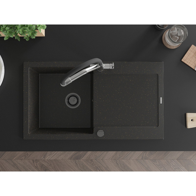 Mexen Leo évier de cuisine en granit à 1 bac avec égouttoir et robinet Duo, noir/doré métallisé - 6501-75-671701-07-B