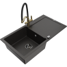 Mexen Leo évier de cuisine 1 bac avec égouttoir et robinet de cuisine Duo, noir/doré métallisé - 6501-75-671701-57-B