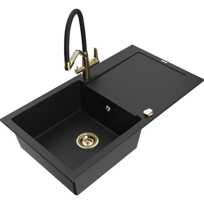 Mexen Leo évier granit simple cuve avec égouttoir et robinet de cuisine Duo, noir - 6501-77-671701-57-G