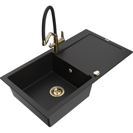 Mexen Leo évier granit simple cuve avec égouttoir et robinet de cuisine Duo, noir - 6501-77-671701-57-G