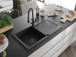 Mexen Leo évier granit 1-bassin avec égouttoir et robinet de cuisine Duo, noir - 6501-77-671701-70-B