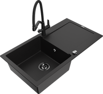 Mexen Leo évier en granit 1 bac avec égouttoir et robinet de cuisine Duo, noir - 6501-77-671701-70-B