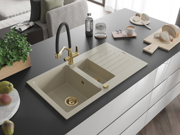 Mexen Matias évier en granit 1,5 cuves avec égouttoir et robinet de cuisine Duo, beige - 6502-69-671701-57-G