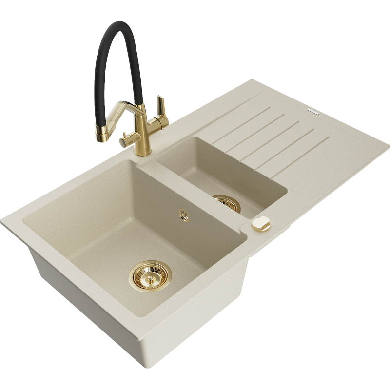 Mexen Matias évier en granit 1,5 cuves avec égouttoir et robinet de cuisine Duo, beige - 6502-69-671701-57-G