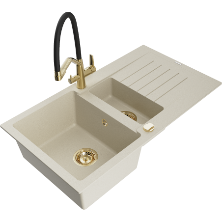 Mexen Matias évier en granit 1,5 cuves avec égouttoir et robinet de cuisine Duo, beige - 6502-69-671701-57-G