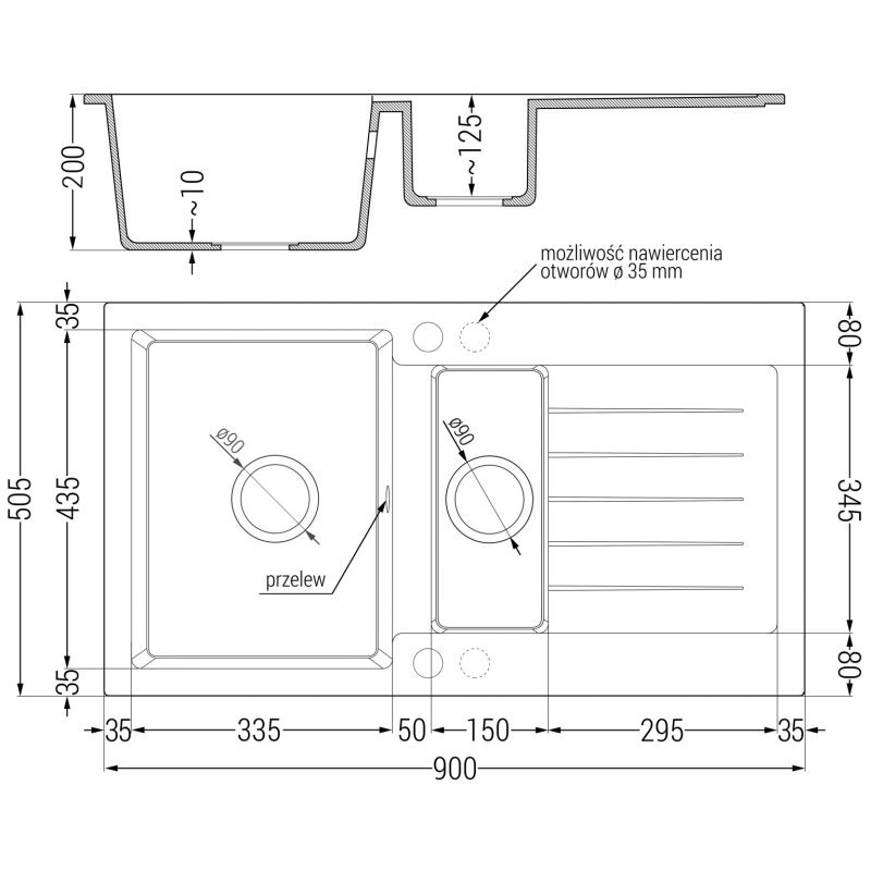 Mexen Matias évier en granit 1,5 bac avec égouttoir et robinet de cuisine Duo, noir/métallique doré - 6502-75-671701-57-B