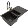 Mexen Matias évier en granit 1,5 bac avec égouttoir et robinet de cuisine Duo, noir/métallique doré - 6502-75-671701-57-B