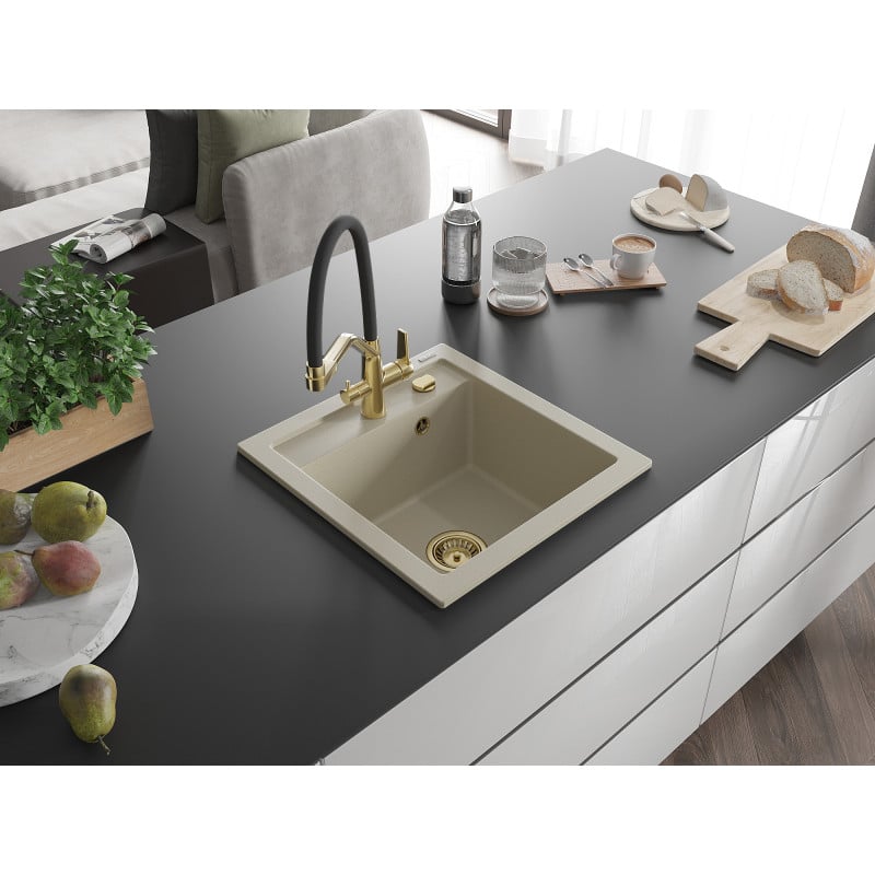 Mexen Vito évier en granit 1 bac avec robinet de cuisine Duo, beige - 6503-69-671701-57-G