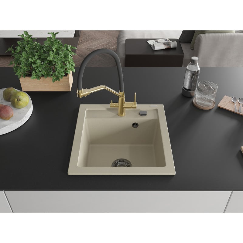 Mexen Vito évier en granit 1 bac avec robinet de cuisine Duo, beige - 6503-69-671701-57-B
