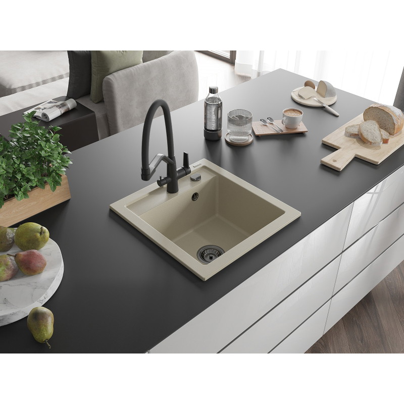 Mexen Vito évier en granit 1 bac avec robinet de cuisine Duo, beige - 6503-69-671701-70-B