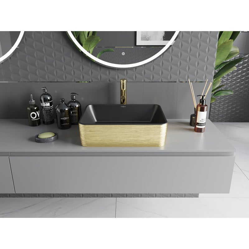 Mexen Catia lavabo à poser 48 x 37 cm, noir mat/motif lignes dorées - 21314877
