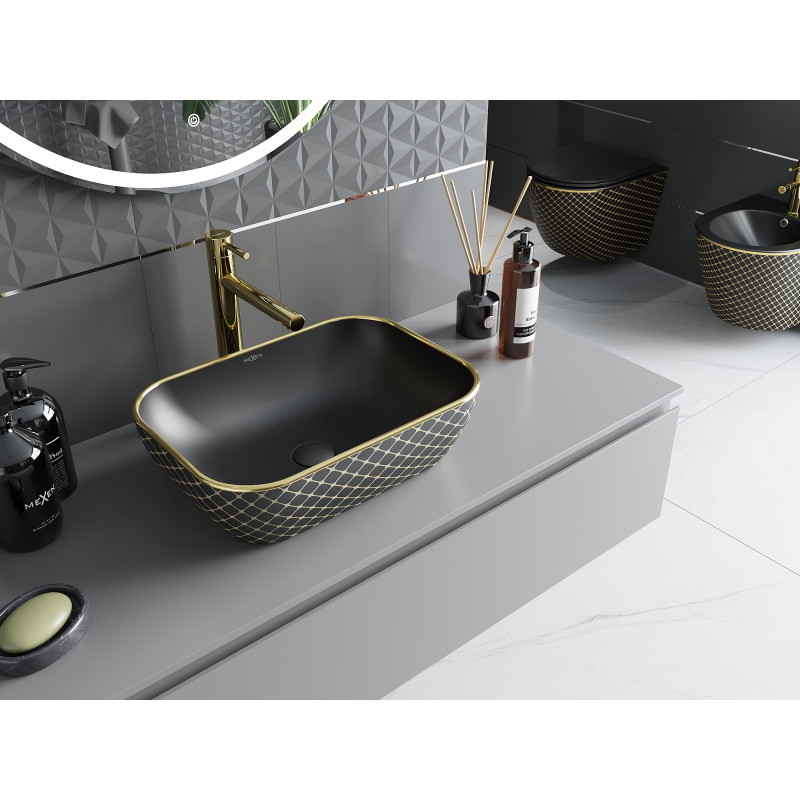 Mexen Rita lavabo à poser 45 x 32 cm, noir mat/motif doré en grille - 21084579