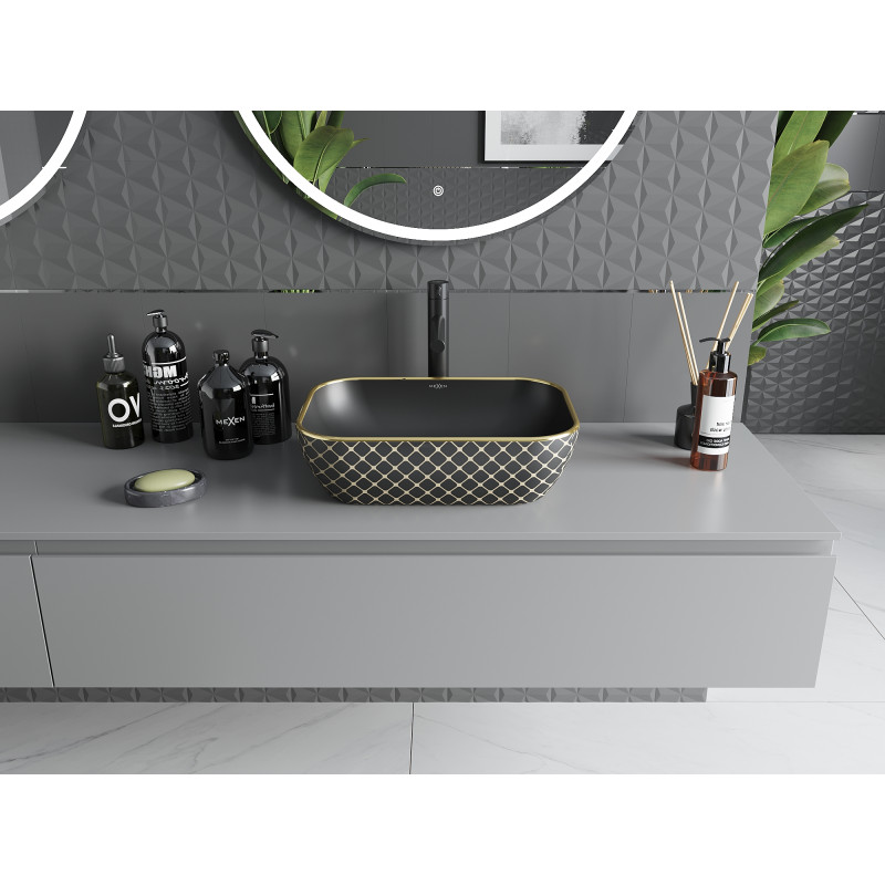 Mexen Rita lavabo à poser 45 x 32 cm, noir mat/motif doré en grille - 21084579